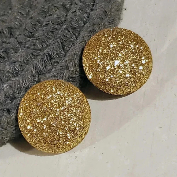 Gold Fabric Button Earrings Retro 80s Club Glam Disco Sparkly - Picture 4 of 9